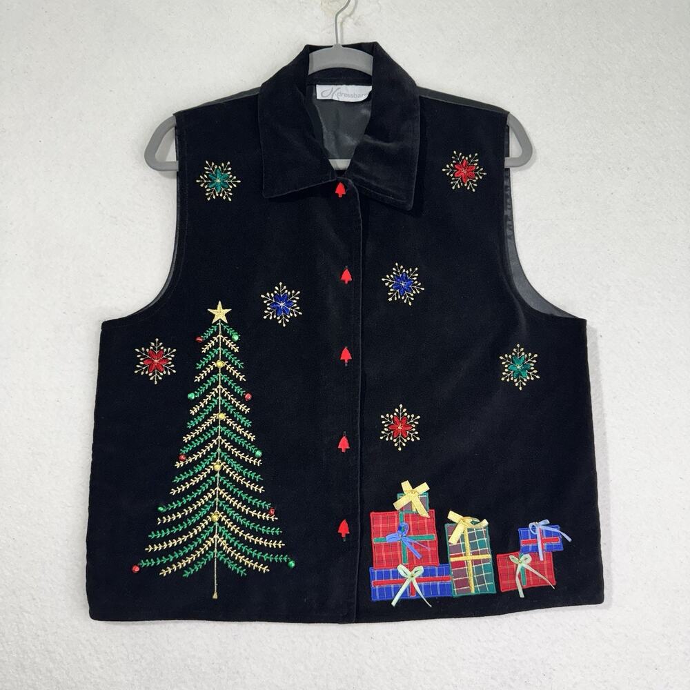 Dress Barn Black Velvet Christmas Vest Embroidered Presents Grandmacore 90s VTG